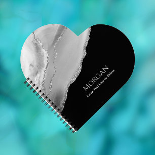 Silver Agate & Glitter, Name & Text Line on Black Notebook