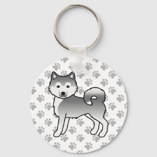 Silver Alaskan Malamute Cute Cartoon Dog & Paws Key Ring
