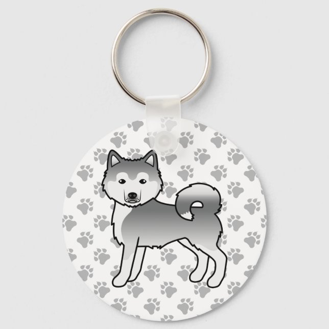 Silver Alaskan Malamute Cute Cartoon Dog & Paws Key Ring (Front)