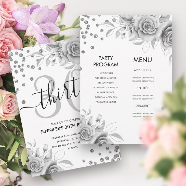 Silver All in One Floral Glitter 30th Birthday  Invitation (Silver All in One Floral Glitter 30th Birthday Invitation)