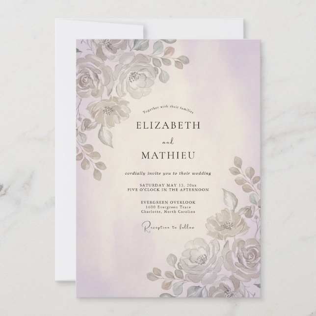 Silver Amethyst Leaf Wedding Invitation (Front)