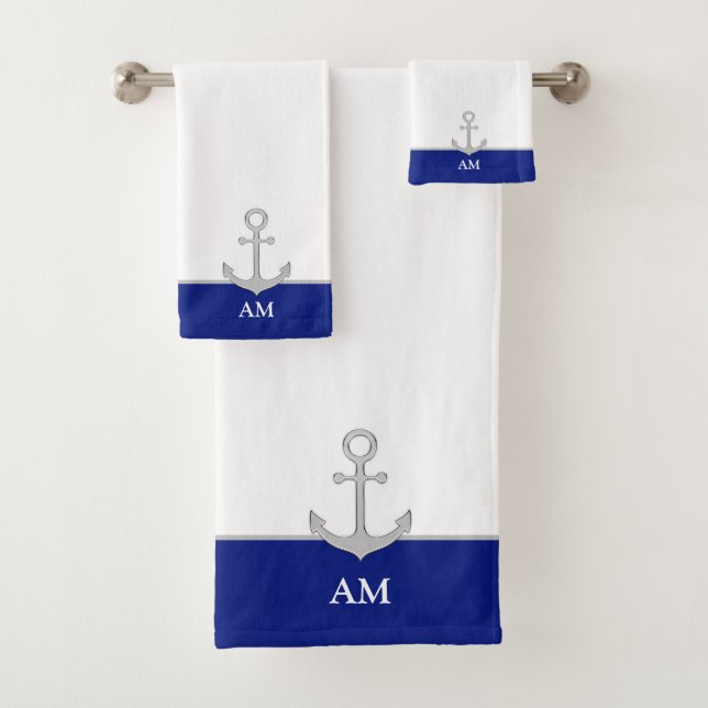Silver Anchor & Monogram on Blue and White Bath Towel Set (Insitu)
