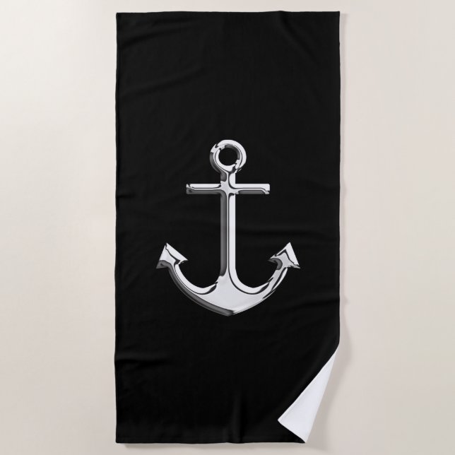 Silver Anchor on Black Decor Beach Towel (Front)
