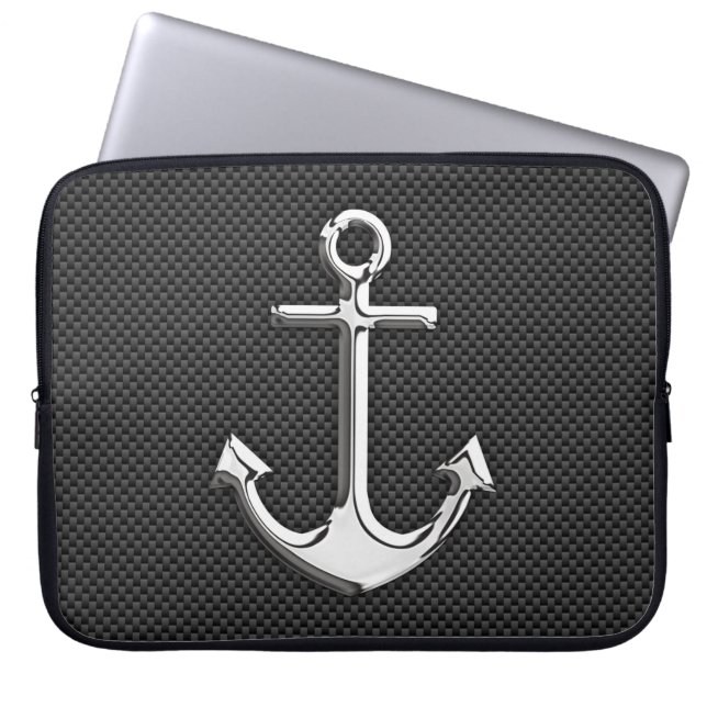 Silver Anchor on Carbon Fibre Decor Laptop Sleeve (Front)