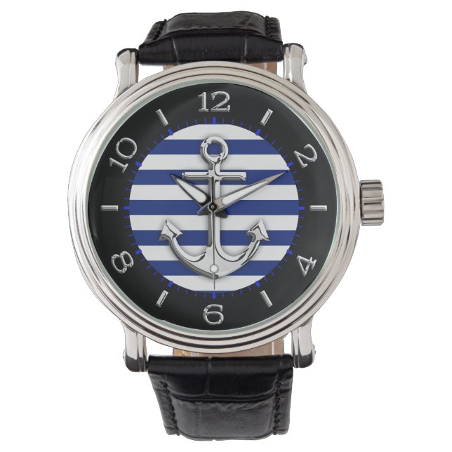 Silver Anchor on Navy Blue Stripes Dial Watch (Front)