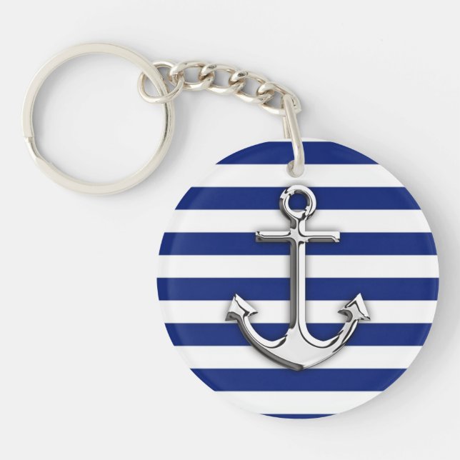 Silver Anchor on Navy Blue Stripes Key Ring (Front)