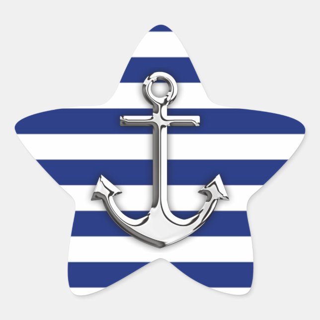 Silver Anchor on Navy Blue Stripes Star Sticker (Front)