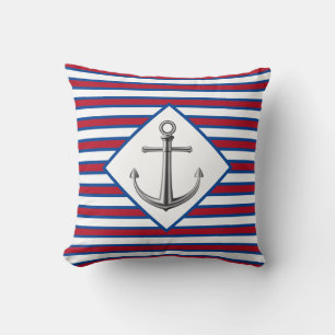 Silver Anchor With Stripes Throw Pillow