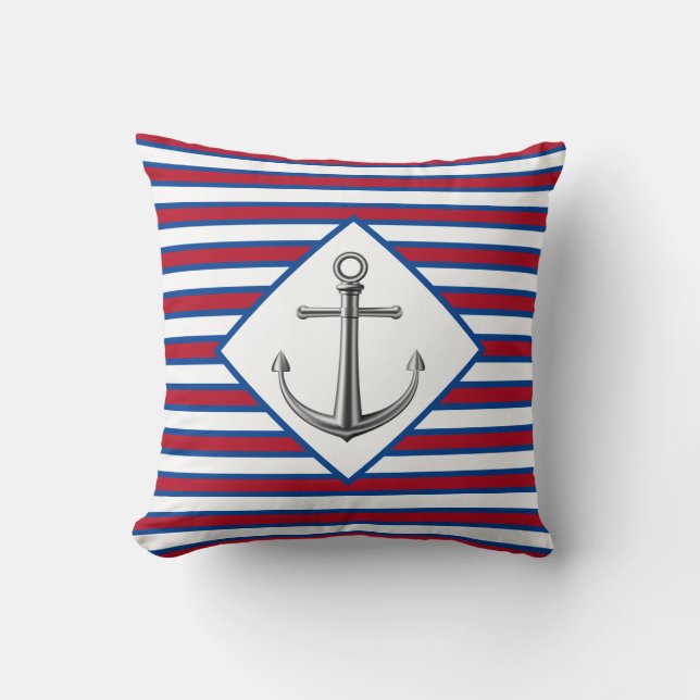 Silver Anchor With Stripes Throw Pillow (Front)