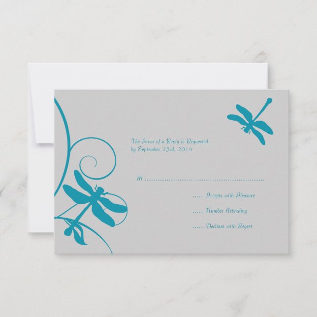Silver and Aqua Blue Dragonfly Wedding RSVP Card (Front)