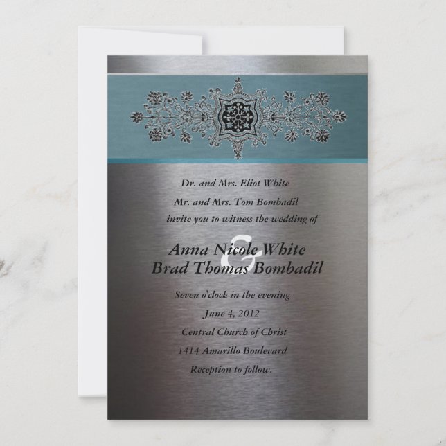 Silver and Aqua Blue Metallic Wedding Invitation (Front)
