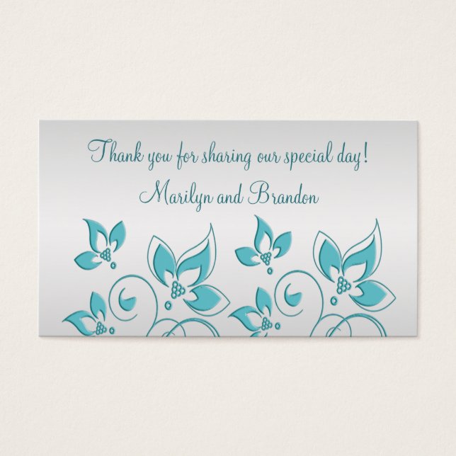 Silver and Aqua Floral Wedding Favour Tag (Front)