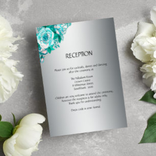Silver and Aqua Roses Wedding Reception Card