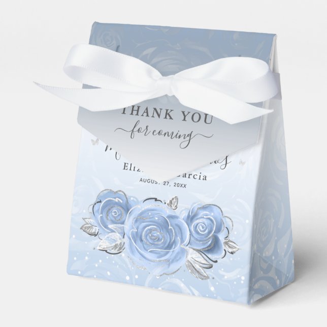 Silver and Baby Blue Rose Thank You Birthday Party Favour Box (Front Side)