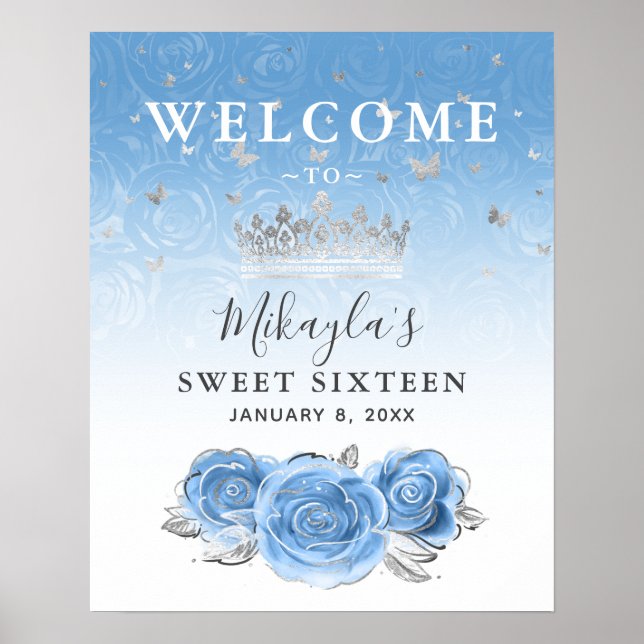 Silver and Bahama Blue Roses Welcome Party Poster (Front)