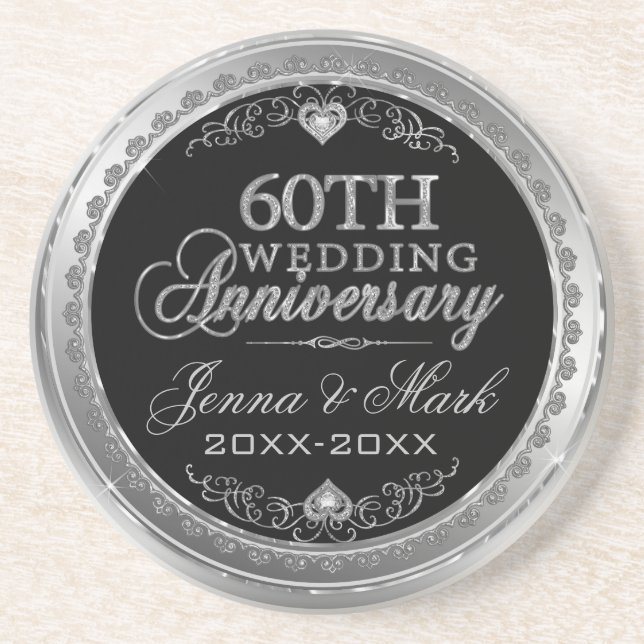 Silver And Black 60th Wedding Anniversary Coaster (Front)