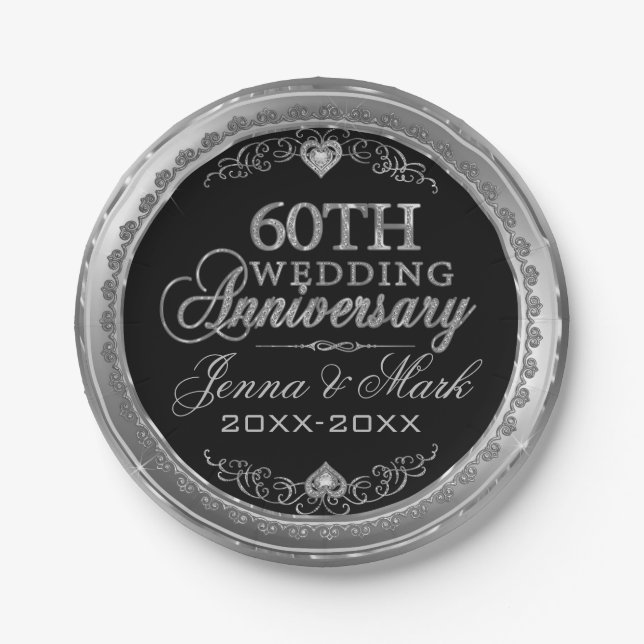 Silver And Black 60th Wedding Anniversary Paper Plate (Front)