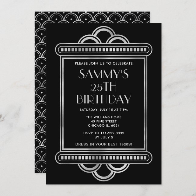 Silver and Black Art Deco Birthday Party Invitation (Front/Back)