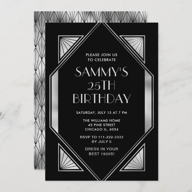 Silver and Black Art Deco Birthday Party Invitation (Front/Back)