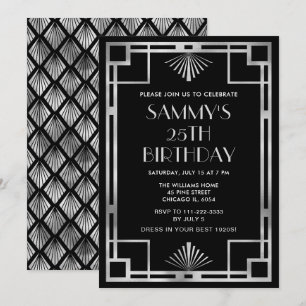 Silver and Black Art Deco Birthday Party Invitation