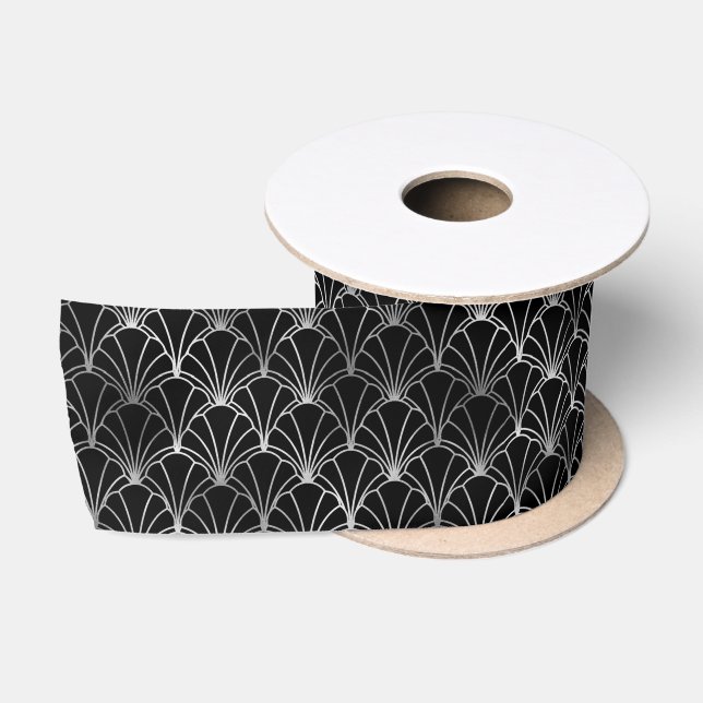 Silver and Black Art Deco Pattern Satin Ribbon (Spool)