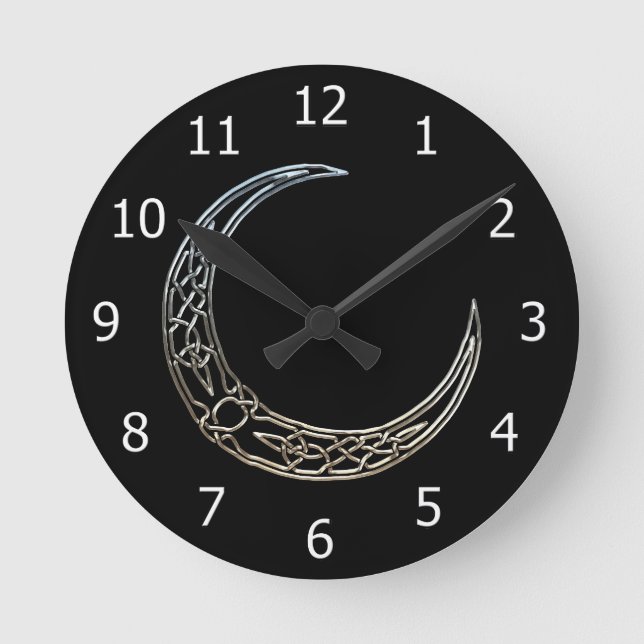Silver And Black Celtic Crescent Moon Round Clock (Front)