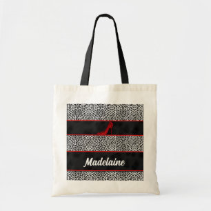 Silver and Black Cheetah with Red Name Tote Bag