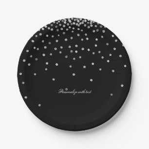 Silver and Black Confetti Dots Paper Plate