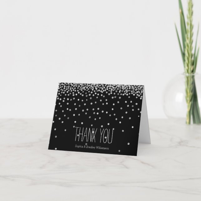 Silver and Black Confetti Dots Thank you Card (Front)