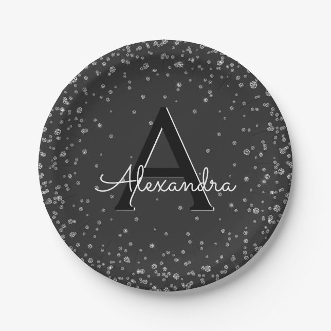 Silver and Black Confetti Monogram Birthday Paper Plate (Front)