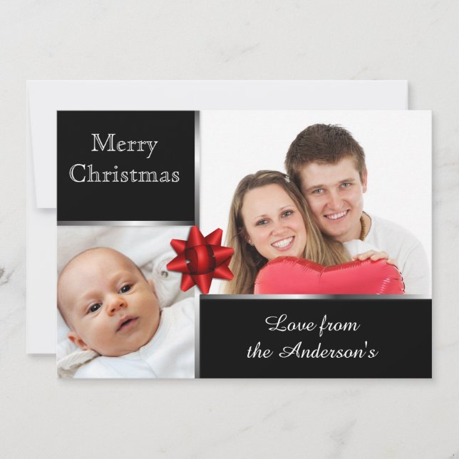 Silver and Black Custom Photo Elegant Holiday Card (Front)