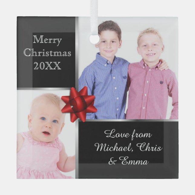 Silver and Black Custom Photo Personalised  Glass Tree Decoration (Front)