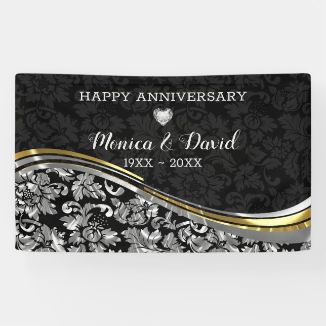 Silver And Black Damask Banner (Horizontal)