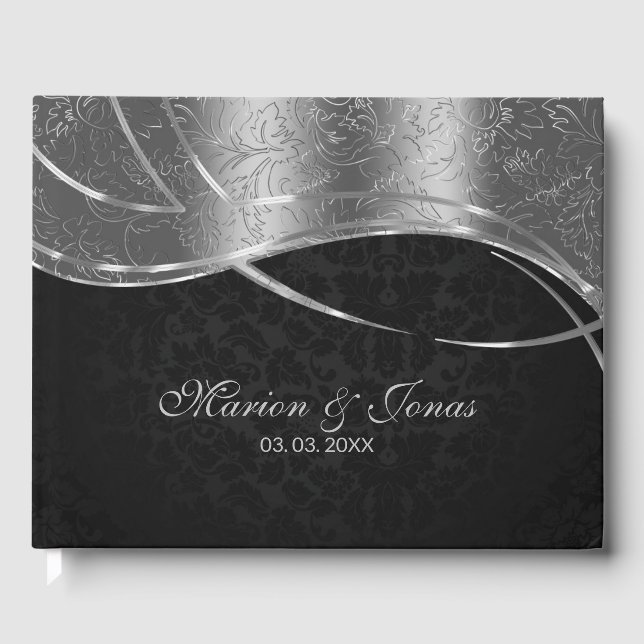 Silver And Black Damask Guest Book (Front)