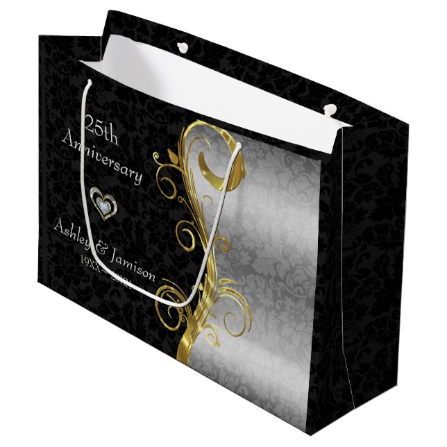 Silver And Black Damask Large Gift Bag (Front Angled)