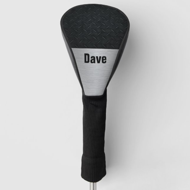 Silver and Black Diamond Plate Pattern with Name Golf Head Cover (Front)