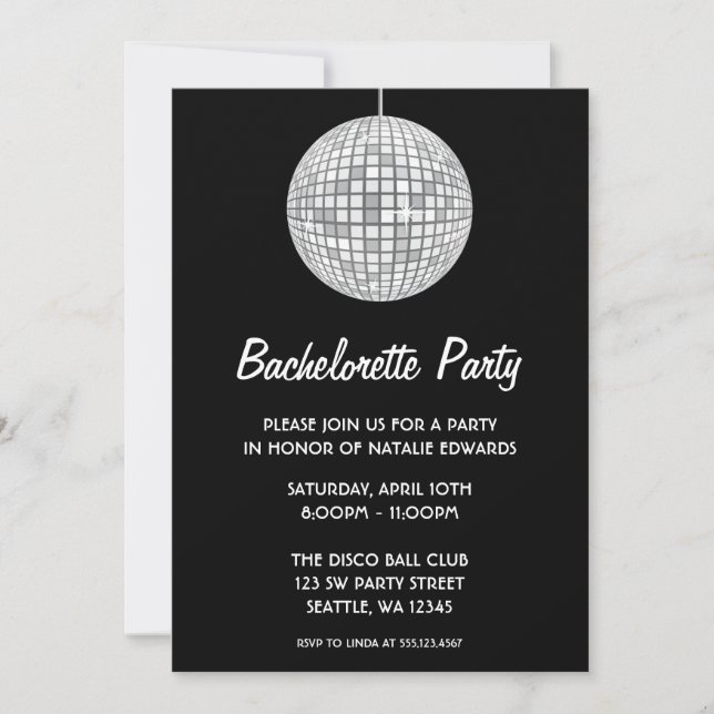 Silver and Black Disco Ball Bachelorette Party Invitation (Front)