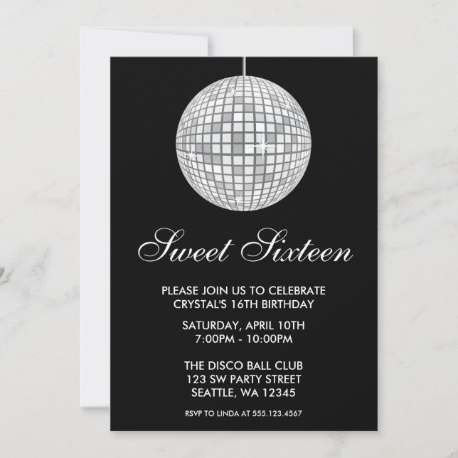Silver and Black Disco Ball Sweet Sixteen Birthday Invitation (Front)