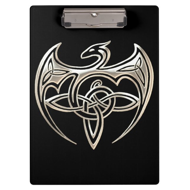 Silver And Black Dragon Trine Celtic Knots Art Clipboard (Front)
