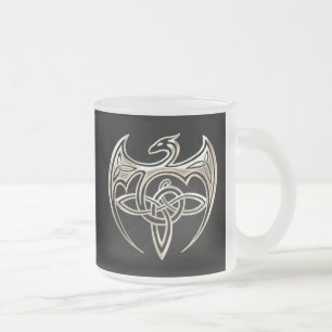 Silver And Black Dragon Trine Celtic Knots Art Frosted Glass Coffee Mug
