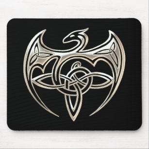 Silver And Black Dragon Trine Celtic Knots Art Mouse Mat