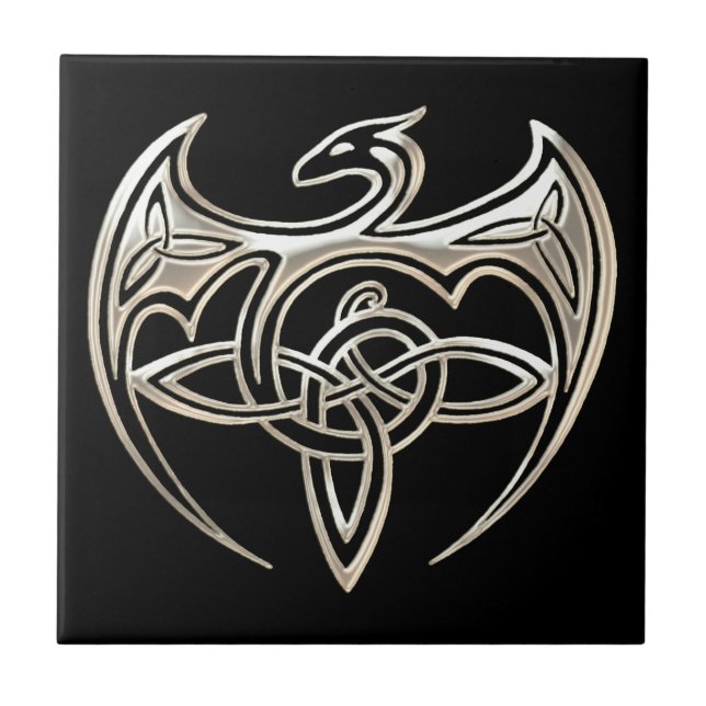 Silver And Black Dragon Trine Celtic Knots Art Tile (Front)