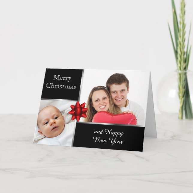 Silver and Black Elegant Custom Photo Holiday Card (Front)