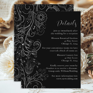 Silver and Black Elegant Floral Wedding Details Enclosure Card