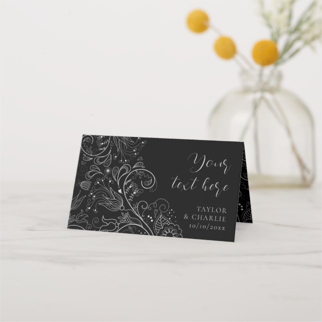 Silver and Black Elegant Floral Wedding Place Card (Front)