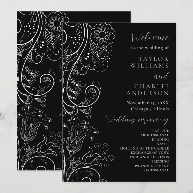 Silver and Black Elegant Floral Wedding Program Programme (Front/Back)