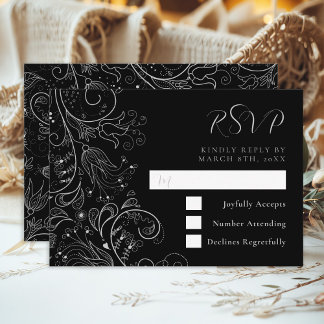 Silver and Black Elegant Floral Wedding RSVP Card