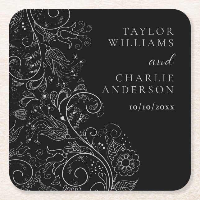 Silver and Black Elegant Floral Wedding Square Paper Coaster (Front)