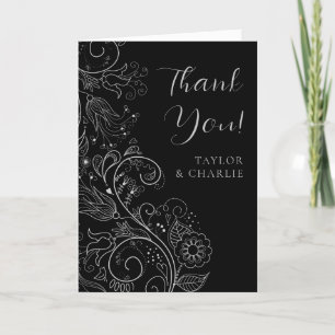Silver and Black Elegant Floral Wedding Thank You Card