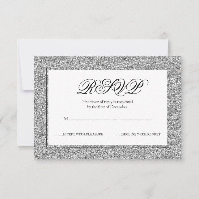 Silver and Black Faux Glitter RSVP Card (Front)